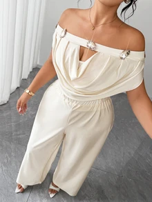 Elenzga Plus Size Women's Elegant 2-Piece Set Cold-Shoulder Ruffle Top + High-Waisted Wide-Leg Pants Set, Gentle Metallic Button Decor Solid Color Sophisticated Mature Style Outfit - Apricot - View 11