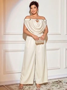 Elenzga Plus Size Women's Elegant 2-Piece Set Cold-Shoulder Ruffle Top + High-Waisted Wide-Leg Pants Set, Gentle Metallic Button Decor Solid Color Sophisticated Mature Style Outfit - Apricot - View 3