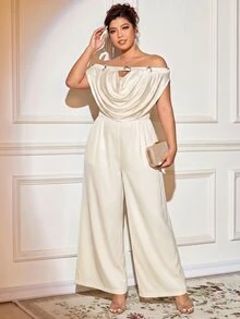 Elenzga Plus Size Women's Elegant 2-Piece Set Cold-Shoulder Ruffle Top + High-Waisted Wide-Leg Pants Set, Gentle Metallic Button Decor Solid Color Sophisticated Mature Style Outfit - Apricot - View 9