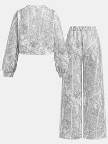SHEIN Girlism 青少年女孩連帽衛衣套裝 2026冬季休閒街頭印花寬鬆長袖套頭衛衣與運動長褲套裝，秋季服飾 - 灰色 - 查看 2