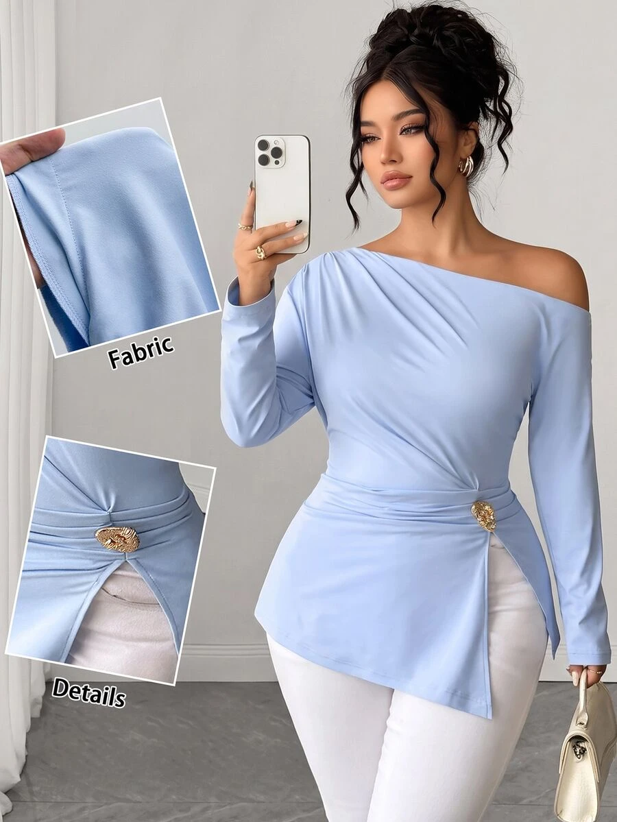 Elenzga Plus Asymmetrical Neck Ring Detail Tee Fall - Blue - View 1