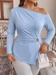 Elenzga Plus Asymmetrical Neck Ring Detail Tee Fall - Biru - View 3
