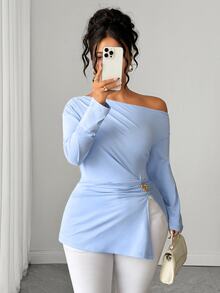 Elenzga Plus Asymmetrical Neck Ring Detail Tee Fall - Biru - View 6