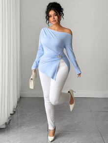 Elenzga Plus Asymmetrical Neck Ring Detail Tee Fall - Biru - View 8