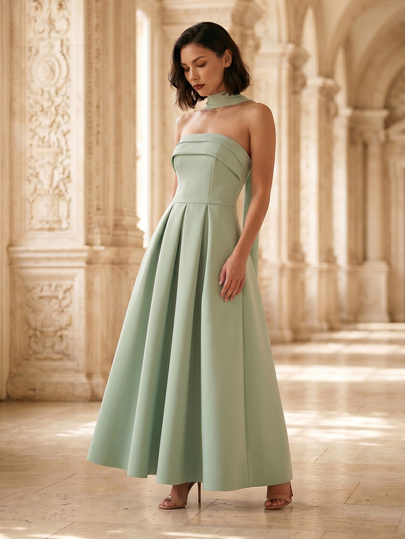 QUIZ Women's Sage Green Strapless Bardot Panel Pleated A-Line Dress With Pockets Elegant Long Formal Wedding Guest Cocktail Night Party Prom Summer