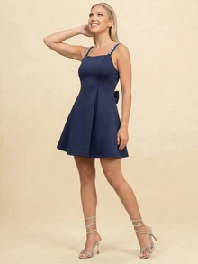 QUIZ Navy Square Neck Bow Back Mini Dress With Embellished Straps And Flared Hem, Elegant Fit And Flare Party Dress, Special Occasion Formal Event Dress, Wedding Guest Dress Women, Summer Dress, Dresses For Women - Navy Blue - View 6