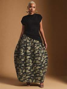 Vixey Women's Fashion Camouflage Print Cocoon Shape Denim Skirt, Camo Print, Off Duty, Casual Chic - Multicolor - View 4