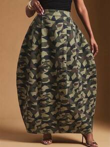 Vixey Women's Fashion Camouflage Print Cocoon Shape Denim Skirt, Camo Print, Off Duty, Casual Chic - Multicolor - View 5
