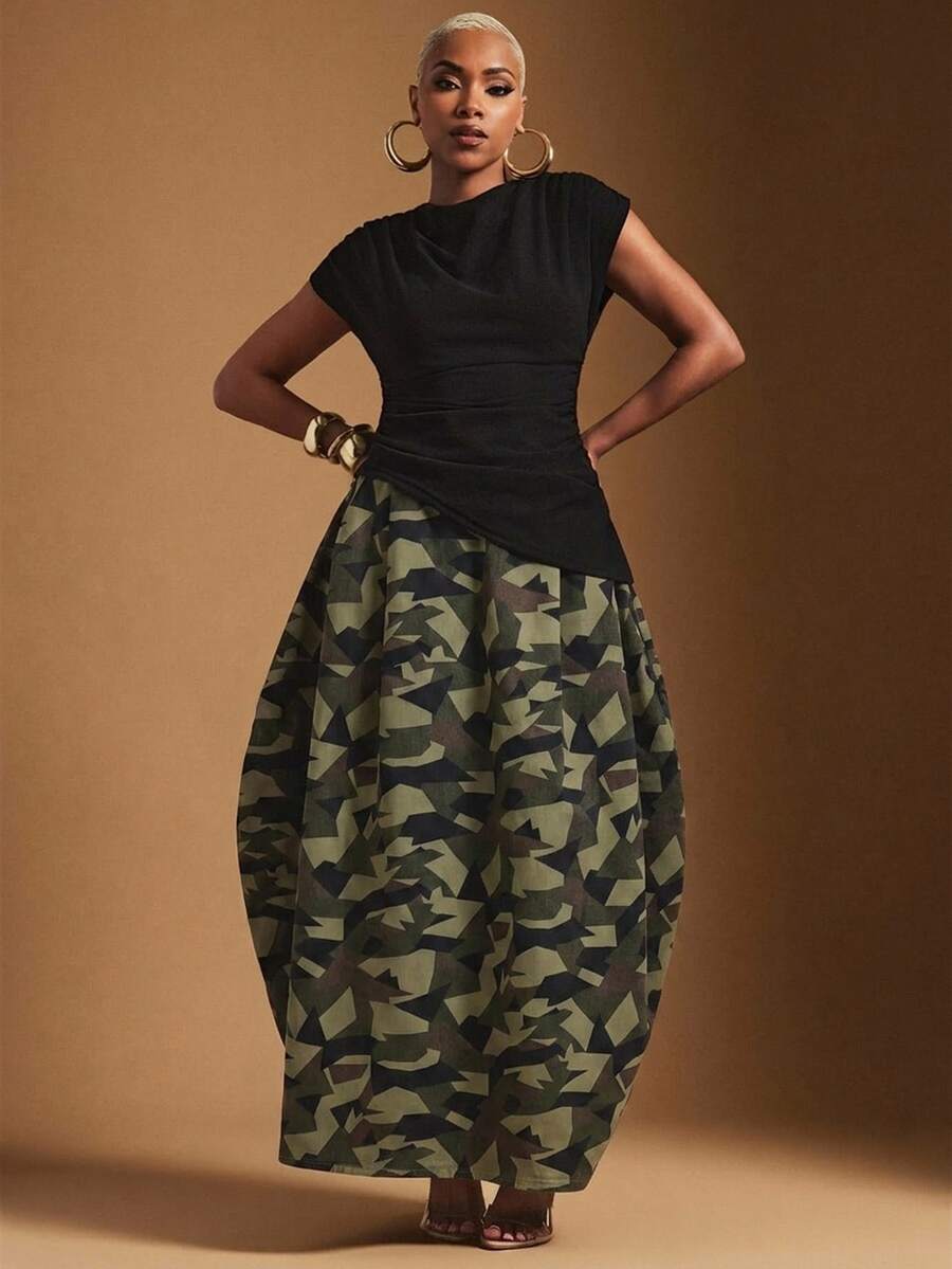 Vixey Women's Fashion Camouflage Print Cocoon Shape Denim Skirt, Camo Print, Off Duty, Casual Chic - Multicolor - View 1