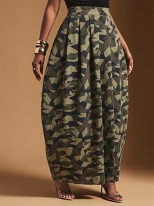 Vixey Women's Fashion Camouflage Print Cocoon Shape Denim Skirt, Camo Print, Off Duty, Casual Chic - Multicolor - View 3