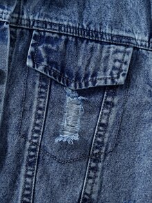 SHEIN 青少年女孩牛仔夾克外套 秋冬新款復古深藍色水洗磨損修身短版牛仔夾克與外套，舒適柔軟面料，街頭風時尚百搭女孩牛仔夾克 - 深色水洗藍 - 查看 4