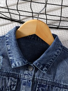 SHEIN 青少年女孩牛仔夾克外套 秋冬新款復古深藍色水洗磨損修身短版牛仔夾克與外套，舒適柔軟面料，街頭風時尚百搭女孩牛仔夾克 - 深色水洗藍 - 查看 5