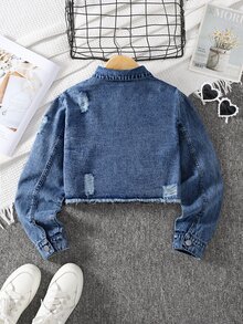 SHEIN 青少年女孩牛仔夾克外套 秋冬新款復古深藍色水洗磨損修身短版牛仔夾克與外套，舒適柔軟面料，街頭風時尚百搭女孩牛仔夾克 - 深色水洗藍 - 查看 2