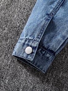 SHEIN 青少年女孩牛仔夾克外套 秋冬新款復古深藍色水洗磨損修身短版牛仔夾克與外套，舒適柔軟面料，街頭風時尚百搭女孩牛仔夾克 - 深色水洗藍 - 查看 8