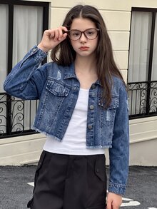 SHEIN 青少年女孩牛仔夾克外套 秋冬新款復古深藍色水洗磨損修身短版牛仔夾克與外套，舒適柔軟面料，街頭風時尚百搭女孩牛仔夾克 - 深色水洗藍 - 查看 3