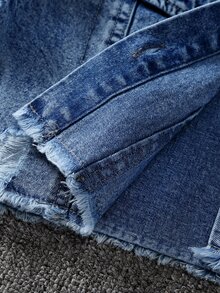SHEIN 青少年女孩牛仔夾克外套 秋冬新款復古深藍色水洗磨損修身短版牛仔夾克與外套，舒適柔軟面料，街頭風時尚百搭女孩牛仔夾克 - 深色水洗藍 - 查看 7