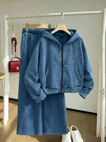 青少年女孩牛仔兩件式套裝，新款黑色水洗休閒寬鬆牛仔外套搭配連帽上衣，柔軟棉質牛仔面料，適合春秋穿著，簡約時尚，百搭日常OOTD、拍照、購物、派對與外出，2022秋季新品 - 藏蓝色 - 查看 9