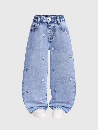 SHEIN Girls' Baby Blue Distressed Embroidered Flare Jeans,Heart Embroidery Loose Wide Leg Pants For Back-To-School,Christmas,Valentine's Day,School Summer