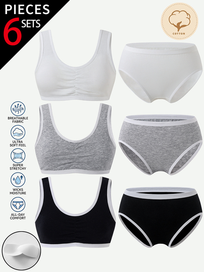 1 Set Teen Girl Comfy Solid Black Grey And White Smooth Fabric Everyday Underwear Set Lightweight All Season