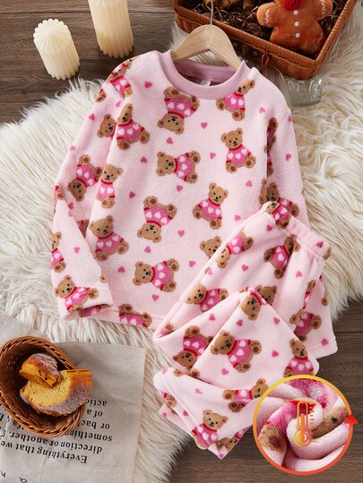 Genkimix Kids Girls' Bow & Heart Print Plush Long Sleeve Top And Long Pants Casual Comfortable 2 Pieces Loungewear Set