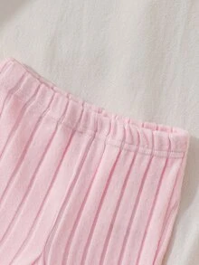 SHEIN Playful Pals 女嬰 2 件套服裝，蝴蝶結裝飾 2 合 1 領口長袖荷葉邊上衣 & 羅紋喇叭褲休閒春秋嬰兒衣飾套裝 0-9 個月 - 粉色 - 查看 7