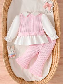 SHEIN Playful Pals 女嬰 2 件套服裝，蝴蝶結裝飾 2 合 1 領口長袖荷葉邊上衣 & 羅紋喇叭褲休閒春秋嬰兒衣飾套裝 0-9 個月 - 粉色 - 查看 3
