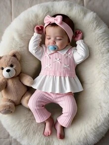 SHEIN Playful Pals 女嬰 2 件套服裝，蝴蝶結裝飾 2 合 1 領口長袖荷葉邊上衣 & 羅紋喇叭褲休閒春秋嬰兒衣飾套裝 0-9 個月 - 粉色 - 查看 5