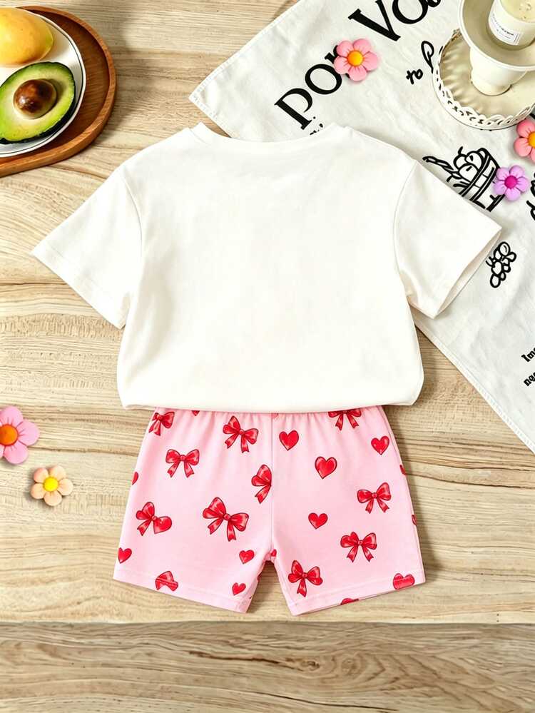 2pcs/Set Girls Toddler Summer New Cherry Bow Print Round Neck Soft Fabric Short Sleeve T-Shirt Elastic Waist Pink Bow Print Shorts Simple Versatile Fashion Set - Multicolor - View 5