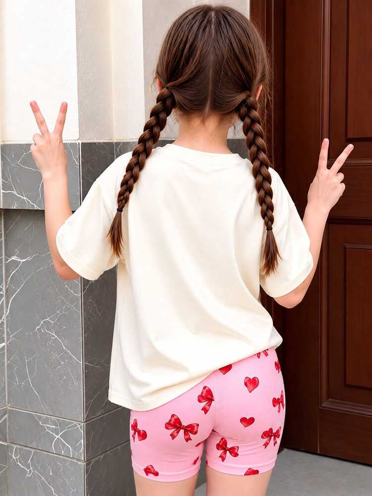 2pcs/Set Girls Toddler Summer New Cherry Bow Print Round Neck Soft Fabric Short Sleeve T-Shirt Elastic Waist Pink Bow Print Shorts Simple Versatile Fashion Set - Multicolor - View 3