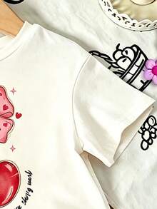 2件/組 女童幼兒夏季新款櫻桃蝴蝶結印花圓領柔軟面料短袖T恤彈性腰粉色蝴蝶結印花短褲簡約百搭時尚套裝 - 彩色 - 查看 6
