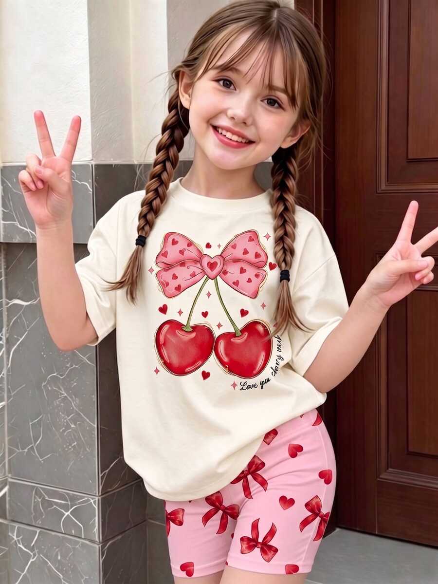 2件/組 女童幼兒夏季新款櫻桃蝴蝶結印花圓領柔軟面料短袖T恤彈性腰粉色蝴蝶結印花短褲簡約百搭時尚套裝 - 彩色 - 查看 1
