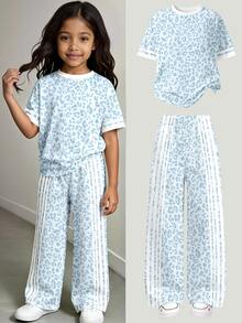 Young Girls 1 Set Leopard Print Striped Short Sleeve Tee & Wide Leg Pants Set, Casual Sporty Fall Outfit - Multicolor - View 3
