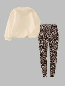 Young Girls Fall Leopard Print Bow Cherry Graphic Crew Neck Sweatshirt & Leopard Leggings Matching Set, Autumn Outfit - Multicolor - View 2