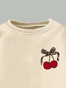 Young Girls Fall Leopard Print Bow Cherry Graphic Crew Neck Sweatshirt & Leopard Leggings Matching Set, Autumn Outfit - Multicolor - View 5