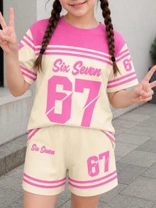 1套青少年女孩拼色條紋印花短袖T恤與短褲，可愛粉色夏季牛仔風返校休閒運動套裝 - 彩色 - 查看 4
