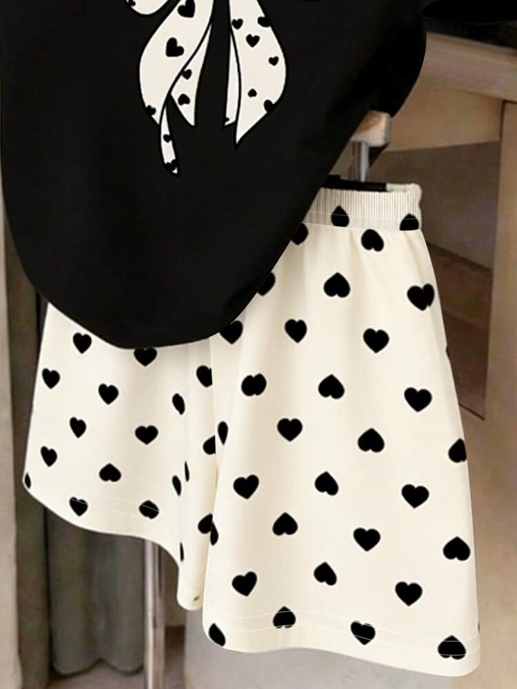 1 Set Tween Girls' Casual Cute Black Summer Family Matching Bow Print T-Shirt & Heart Print Shorts 2-Piece Outfit,Sweet Versatile Adorable Comfortable - Multicolor - View 7