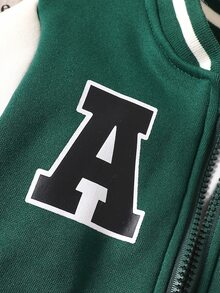 SHEIN 小男孩大學風棒球夾克，綠色抓絨保暖拼色學院運動風運動外套，字母圖案與羅紋飾邊 - 彩色 - 查看 5