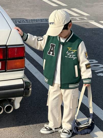 SHEIN Young Boys Varsity Bomber Jacket, Green Fleece Warm Colorblock Preppy Sporty Sweatshirt Jacket With Letter Graphic & Ribbed Trim
