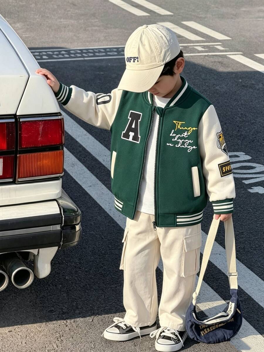 SHEIN 小男孩大學風棒球夾克,綠色抓絨保暖拼色學院運動風運動外套,字母圖案與羅紋飾邊 - 彩色 - 查看 1