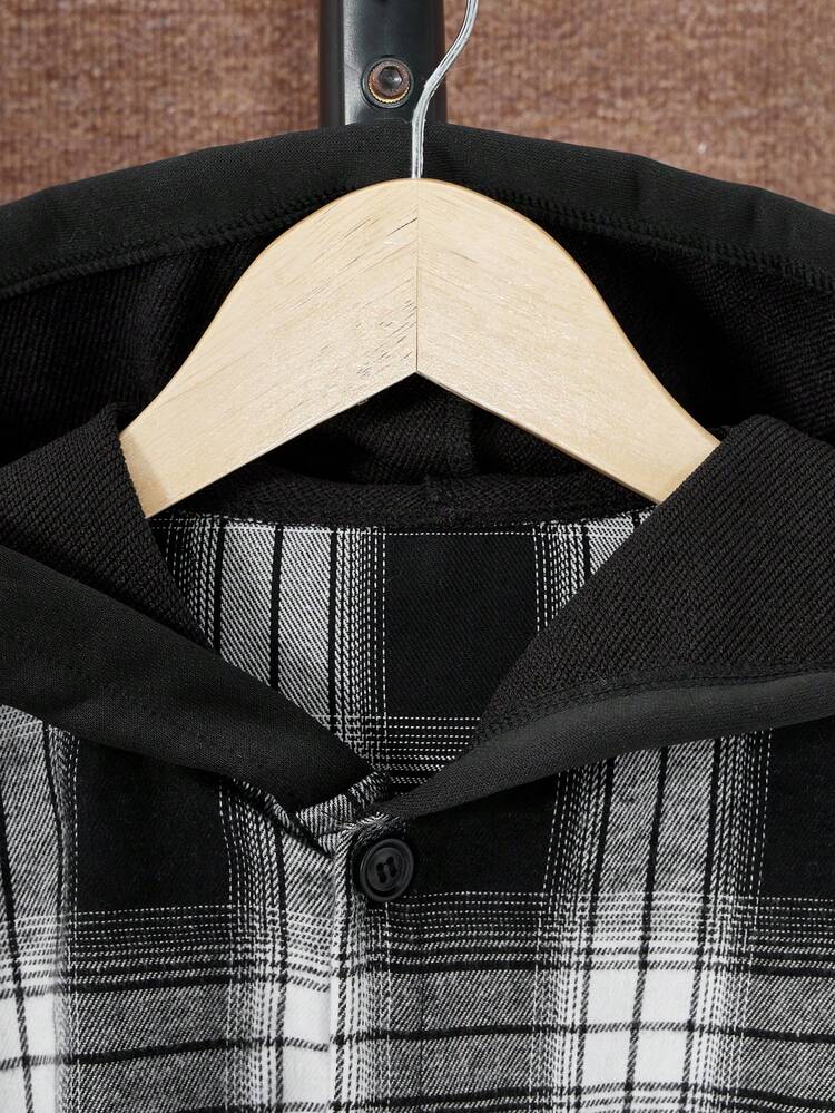 SHEIN Teen Boy Casual Loose Hooded Plaid Shirt With Chest Pocket,Autumn,Y2k,Graduation,Back-To-School,Spring Long Sleeve School Campus Gift For Friends - Black - View 4