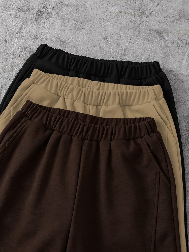 3pcs/Set Tween Boys High Street Fashion Solid Color Knit Straight Leg Pants, Novel And Stylish, Comfortable Fabric, Suitable For Versatile Outfits, Summer New Arrival, Suitable For All Seasons - Coffee Brown - View 4