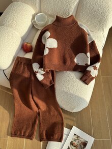 SHEIN 青少年女孩新款時尚毛衣套裝，長袖高領上衣搭配針織長褲，適合日常穿著套頭衫 - 彩色 - 查看 5