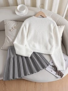 SHEIN Girls Winter 2 Pieces Set, Elegant Bow Sweater And Knitted Pleated Skirt Set Pullover - Grey - View 2