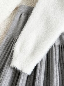 SHEIN Girls Winter 2 Pieces Set, Elegant Bow Sweater And Knitted Pleated Skirt Set Pullover - Grey - View 5