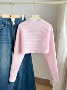 Teen Girl Casual Versatile Solid Color Cropped Cardigan - Pink - View 2