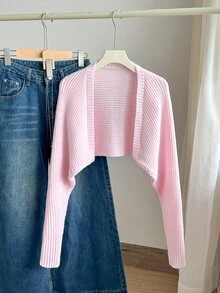 Teen Girl Casual Versatile Solid Color Cropped Cardigan - Pink - View 1