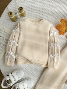 SHEIN 秋季冬季幼女杏色長袖蝴蝶結針織衫套裝，返校穿著，舒適柔軟，節慶裝扮聖誕休閒日常穿著套頭衫 - 杏色 - 查看 6