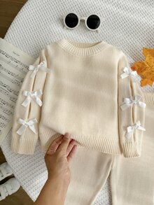 SHEIN 秋季冬季幼女杏色長袖蝴蝶結針織衫套裝，返校穿著，舒適柔軟，節慶裝扮聖誕休閒日常穿著套頭衫 - 杏色 - 查看 5
