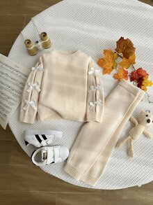 SHEIN 秋季冬季幼女杏色長袖蝴蝶結針織衫套裝，返校穿著，舒適柔軟，節慶裝扮聖誕休閒日常穿著套頭衫 - 杏色 - 查看 3