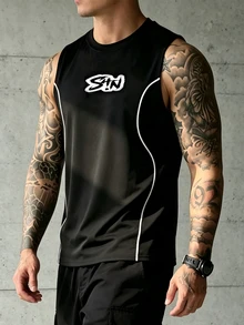 Sport MetroGents Tank Top Tanpa Lengan Bermotif untuk Pria, Desain Tali Lebar, Cocok untuk Pakaian Liburan dan Olahraga - Hitam - View 3
